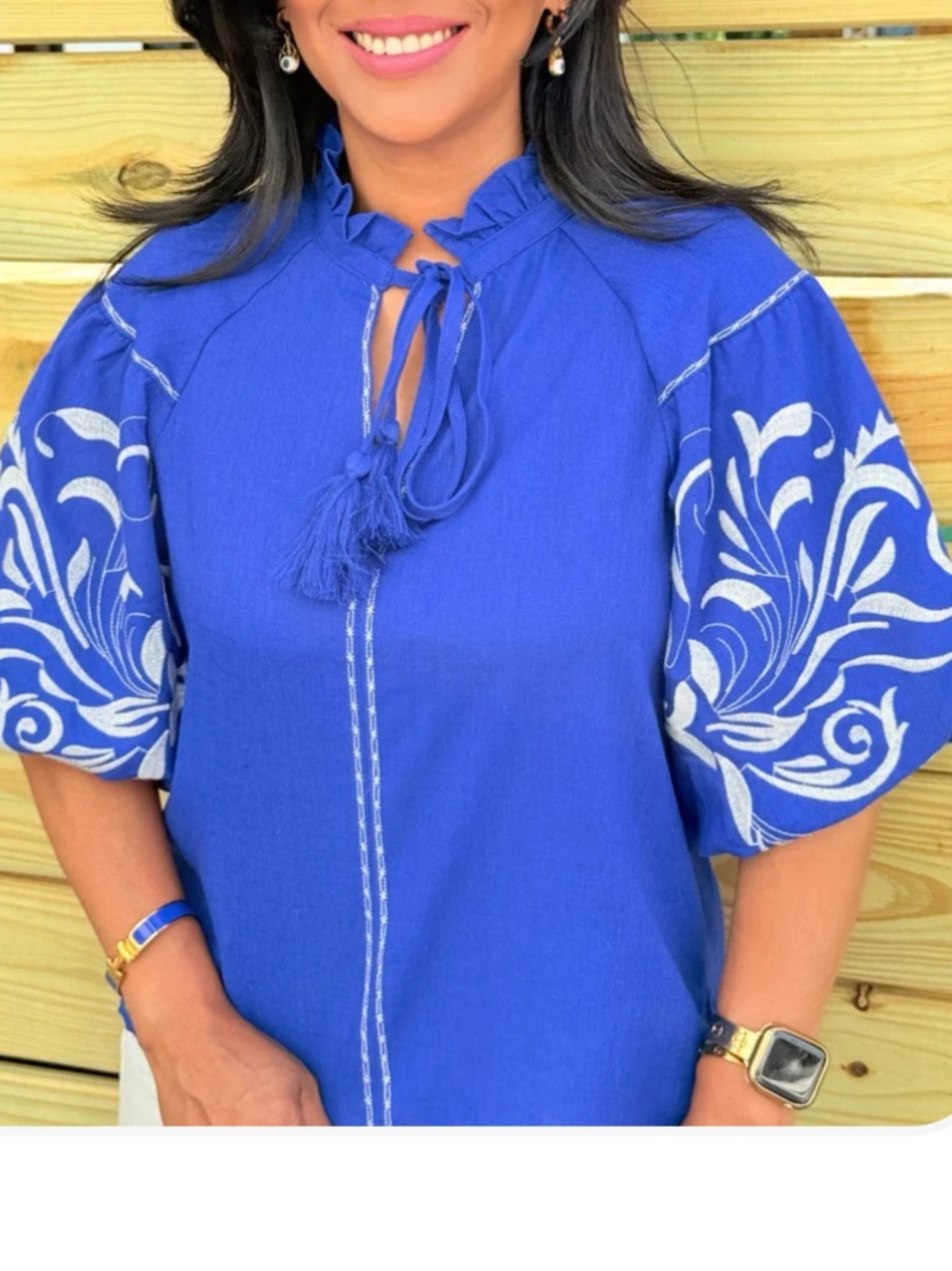 Embroidered Royal Blue Peasant Blouse with Tassel Tie